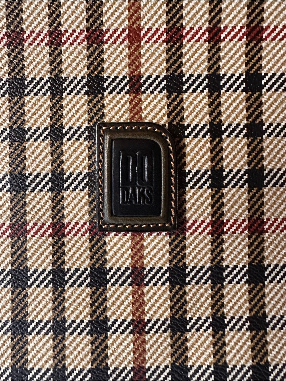 DAKS London Tan Plaid Business Tote with Black Leather Logo Patch